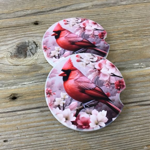 Male Cardinal with Flowers Car Coasters - Set of 2 - Picture 1 of 7